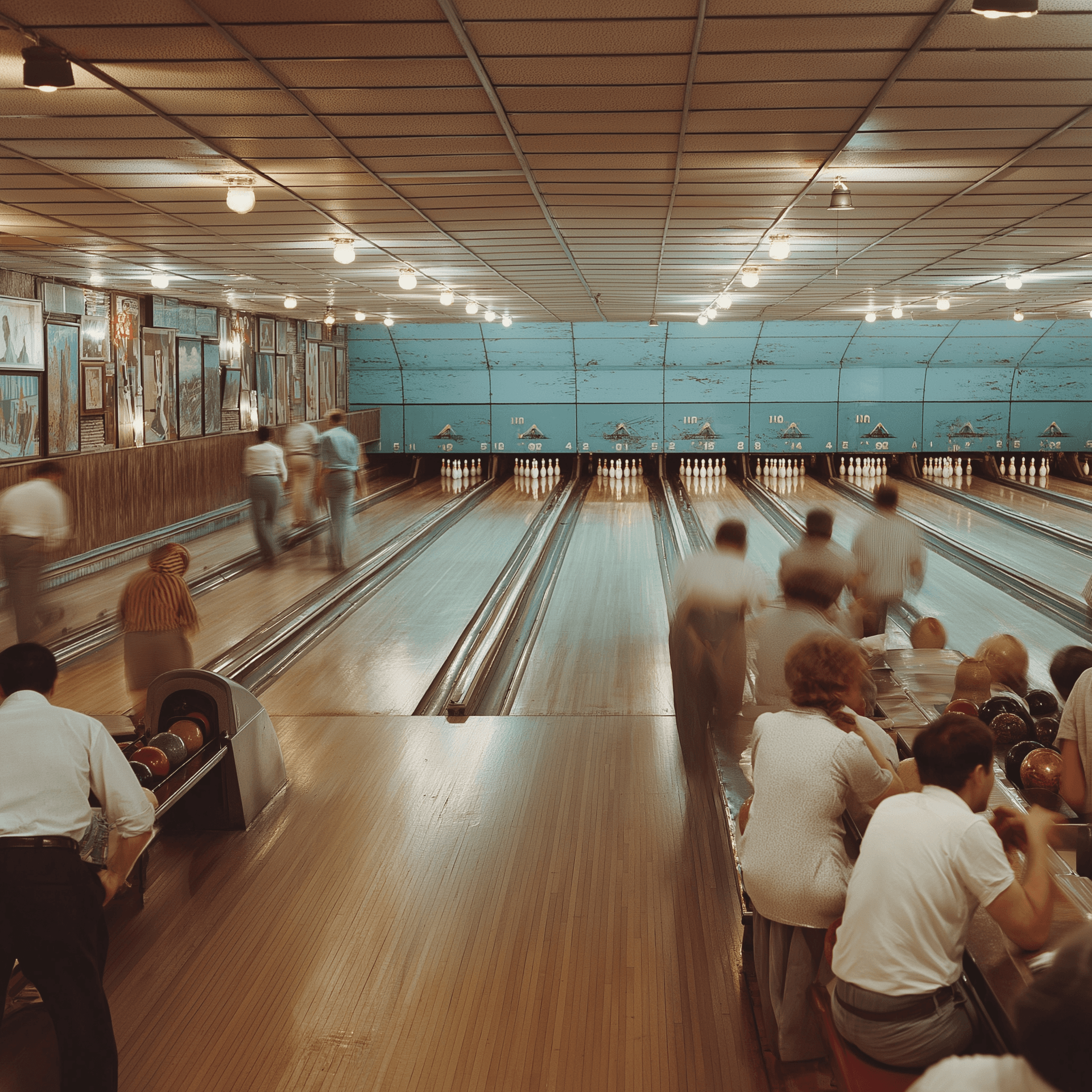 Bowlers at a busy bowling alley